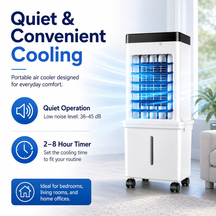 Evaporative room cooler with easy-carry handle, perfect for moving between spaces. Ultimate portable comfort.