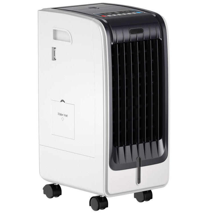 Compact portable evaporative air cooler with remote control & 8-hour timer for personal summer comfort & humidification.