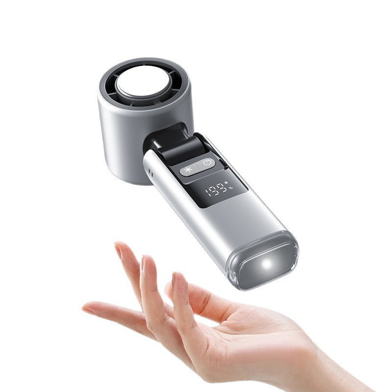 Compact portable rechargeable handheld fan with digital display for personal cooling. Ideal for travel or desk.