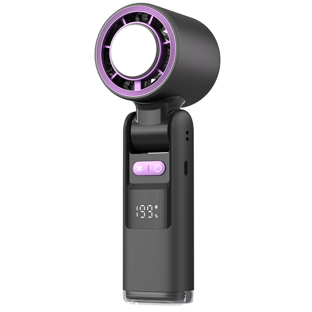 Versatile rechargeable handheld & desktop fan with digital display, quiet cooling for home, office or travel.