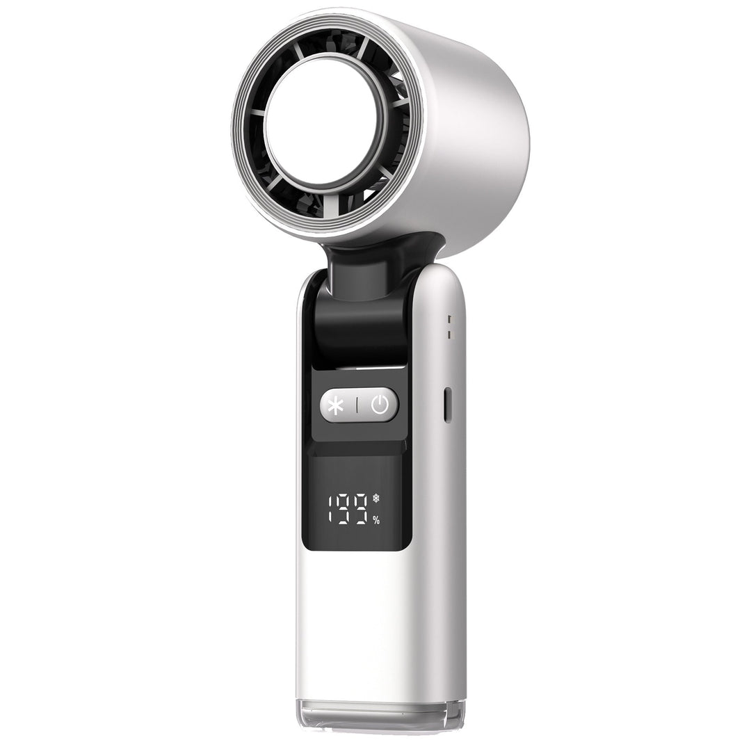 Sleek handheld portable fan with digital display. USB rechargeable for powerful, quiet personal cooling anywhere.