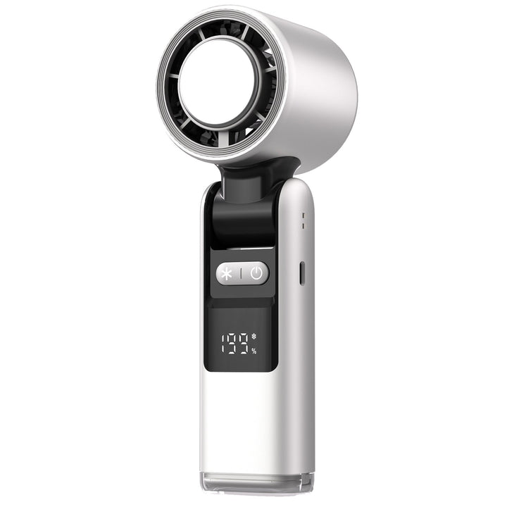 Sleek handheld portable fan with digital display. USB rechargeable for powerful, quiet personal cooling anywhere.