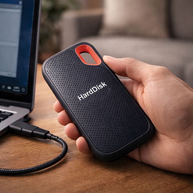 Compact portable SSD, high-speed USB-C external drive for fast data transfer & backup storage.