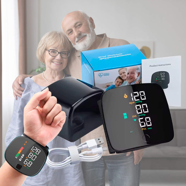 Compact smart wrist blood pressure monitor with voice alerts, ideal for portable home health tracking.