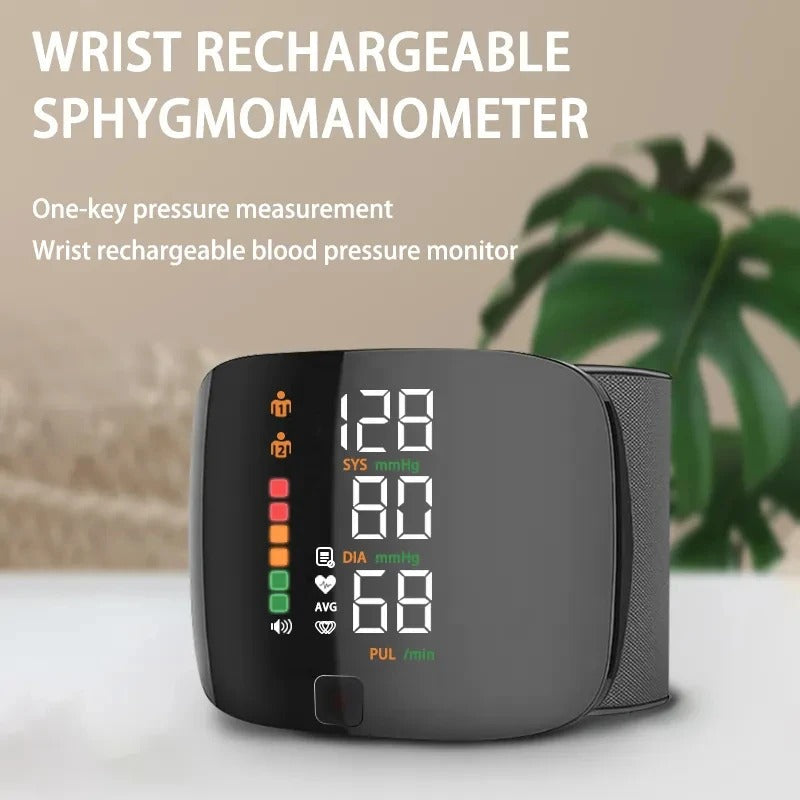 Digital wrist blood pressure monitor displaying clear readings, featuring voice alerts for convenient home use.