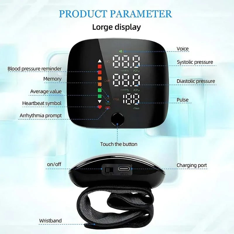 Sleek, modern smart wrist blood pressure monitor with voice, promoting personal wellness & easy tracking.