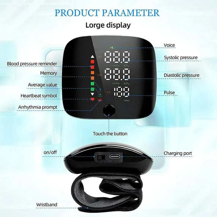 Sleek, modern smart wrist blood pressure monitor with voice, promoting personal wellness & easy tracking.