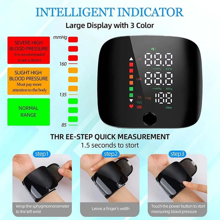 Smart wrist BP monitor providing clear voice results & digital readings for accessible blood pressure checks.