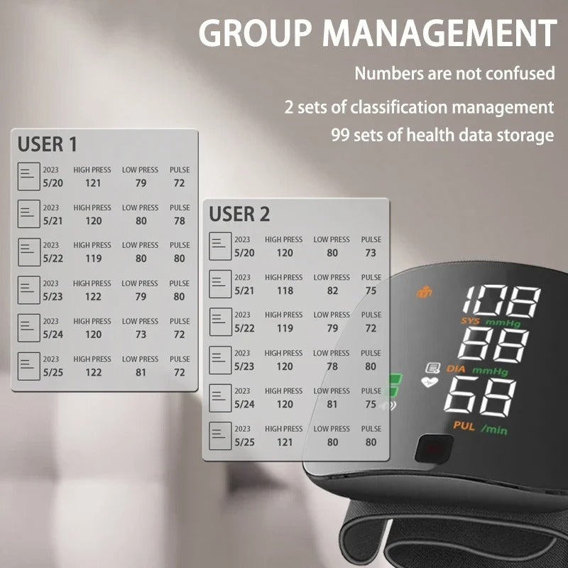 Unisex Smart Wrist Blood Pressure Monitor with voice alerts for precise, convenient home health monitoring.