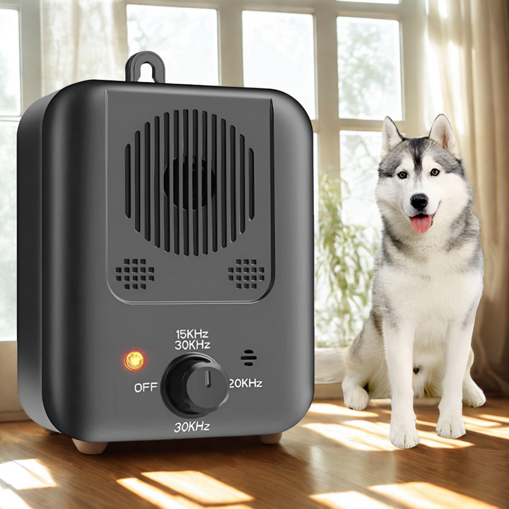 Compact ultrasonic anti-bark device for humane dog training, stops excessive barking indoors & outdoors.