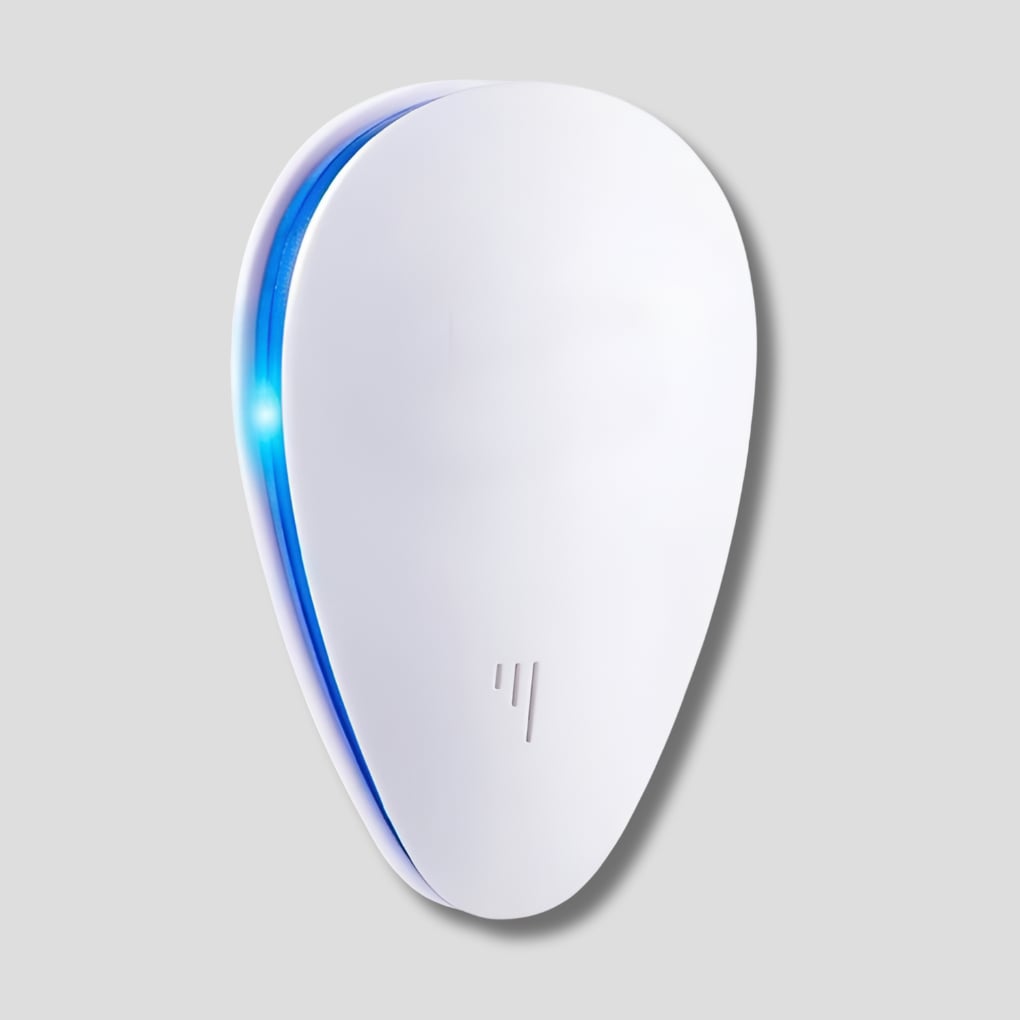 Compact ultrasonic pest repellent, chemical-free, plug-in device for indoor rodent, spider & insect control.