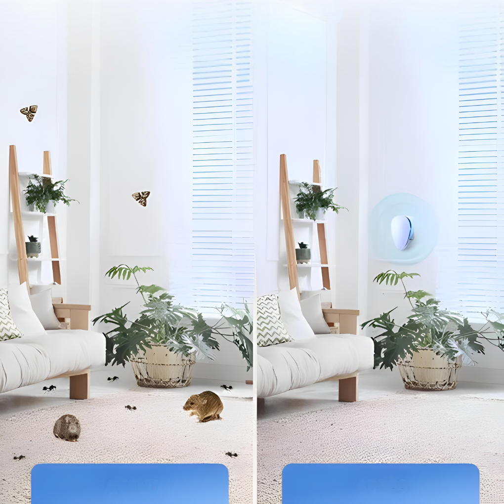 Modern indoor ultrasonic pest control device. Easy-to-use, chemical-free repellent for rodents, spiders & insects.
