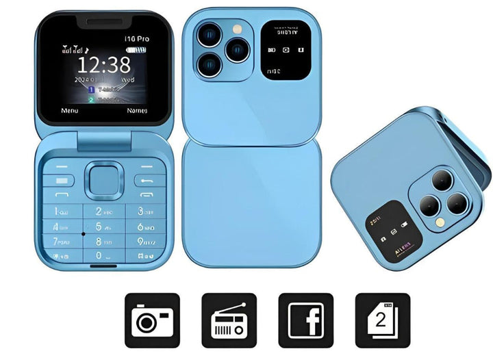 Compact unisex foldable dual SIM phone with HD camera & FM radio. Portable basic mobile with LED torch.