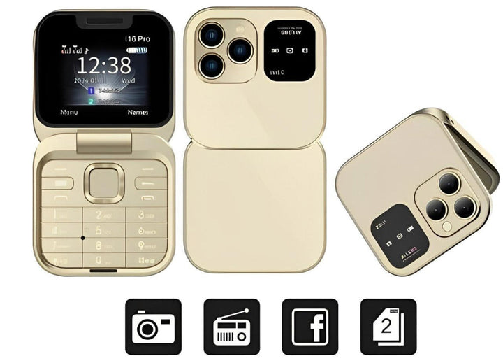 Unisex foldable feature phone with dual SIM, HD camera, & FM radio. Portable, compact mobile for daily use.