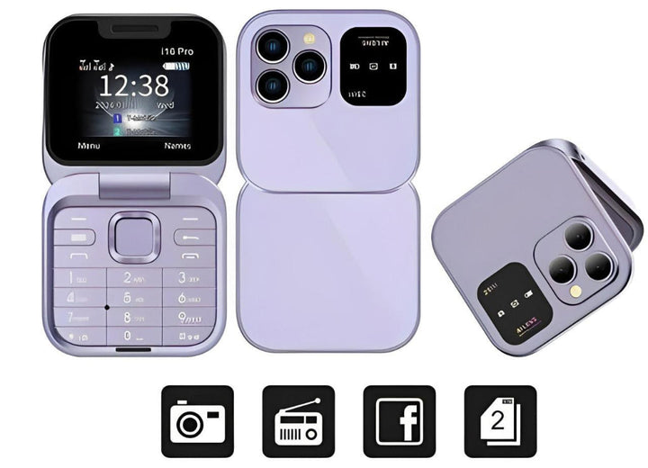 Portable unisex foldable phone featuring dual SIM, HD camera, and FM radio. A compact basic feature phone.