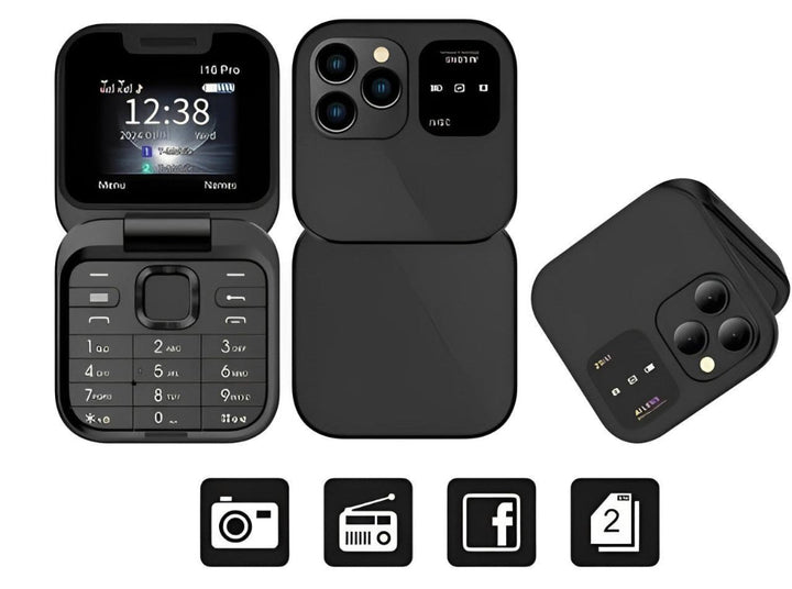 Sleek unisex foldable dual SIM mobile phone with HD camera, FM radio & LED torch. A compact, basic phone.
