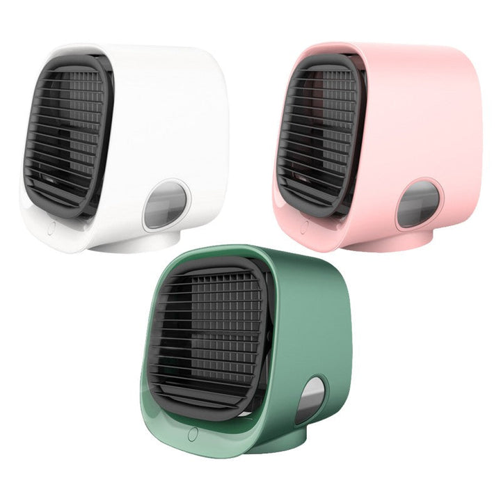 USB-powered compact air cooler & humidifier. Silent desktop fan for cool, humidified air in small spaces.