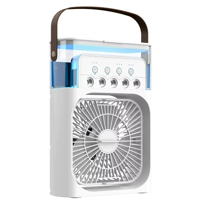 Compact USB portable air cooler fan with humidifier, perfect for personal cooling on a desk or home office.