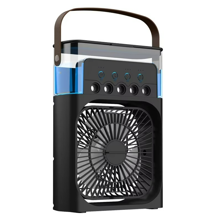 Quiet USB portable air cooler fan with humidifier & LED light, ideal for personal cooling in any space.