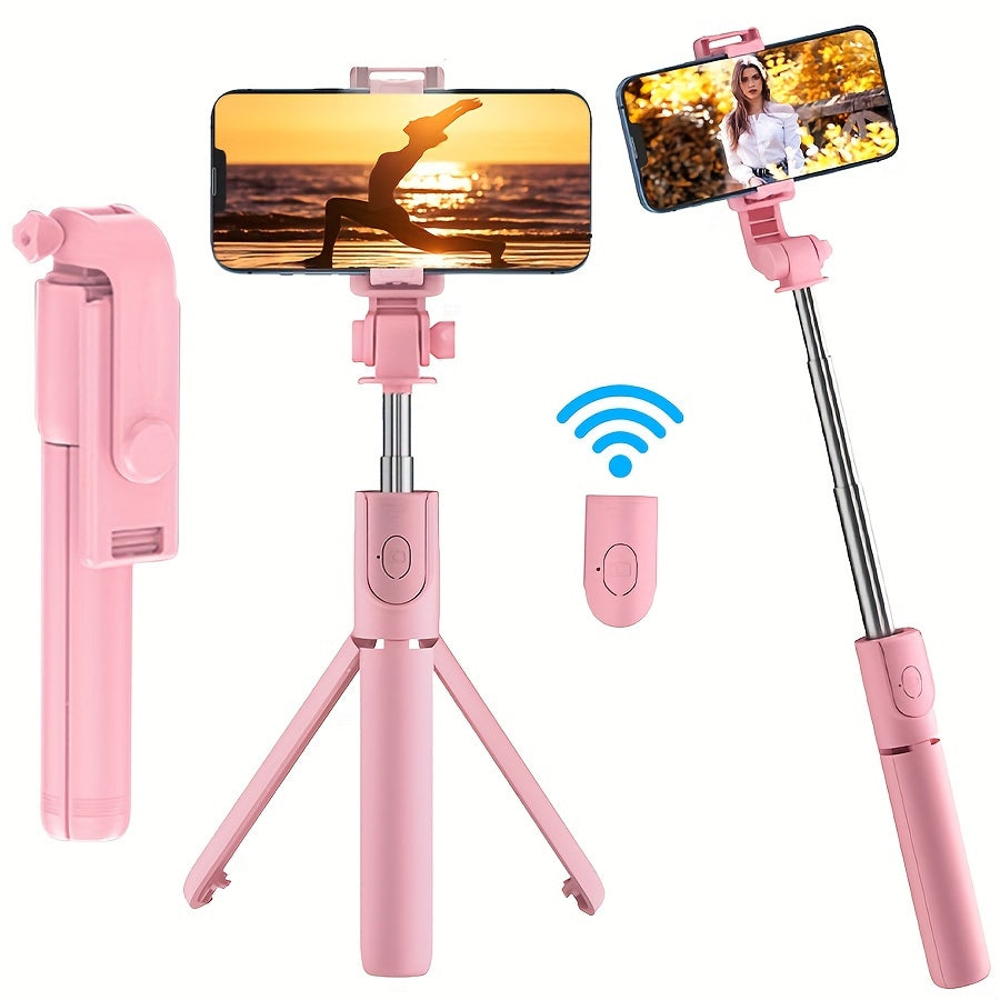 Compact wireless phone tripod stand & selfie stick for photography, video, vlogging, and travel. Portable tech gadget.