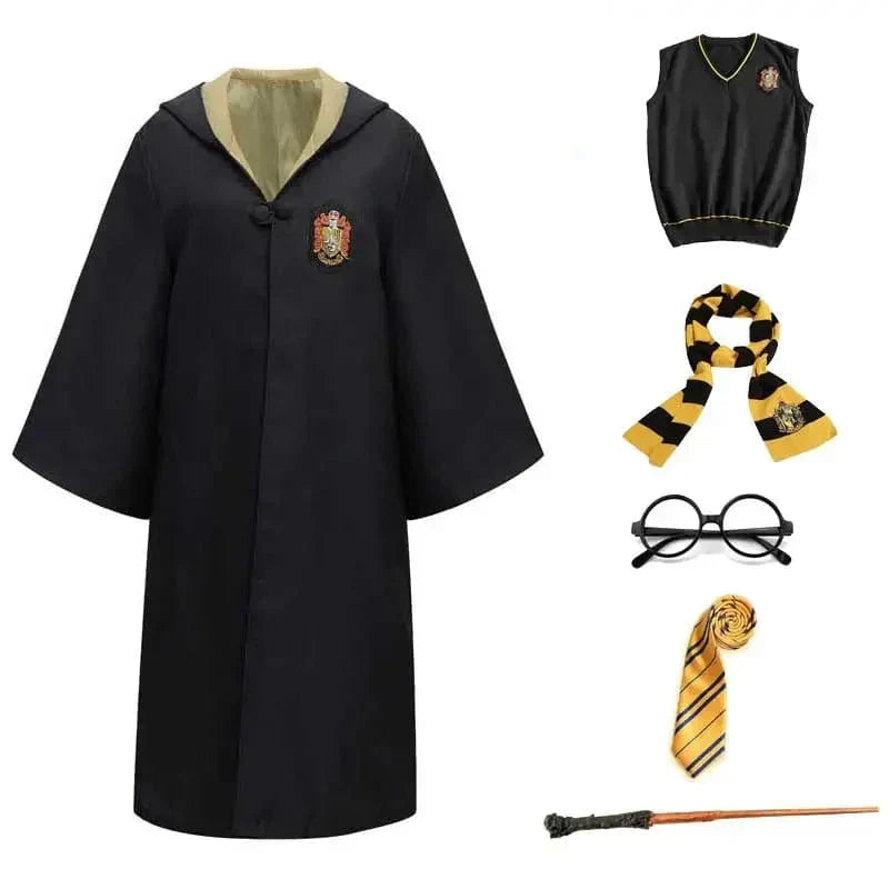 Complete Harry Potter wizard costume set with robe, tie, wand & glasses for kids & adults. Perfect for cosplay.