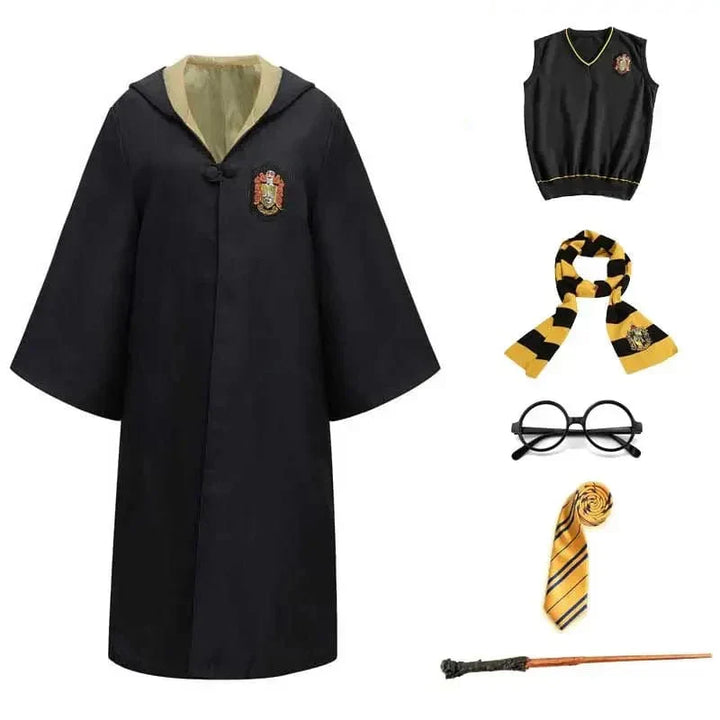 Complete Harry Potter wizard costume set with robe, tie, wand & glasses for kids & adults. Perfect for cosplay.