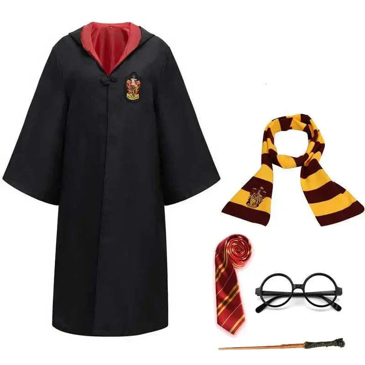 Gryffindor Harry Potter wizard robe costume with tie, glasses & wand. Ideal for Halloween or cosplay.