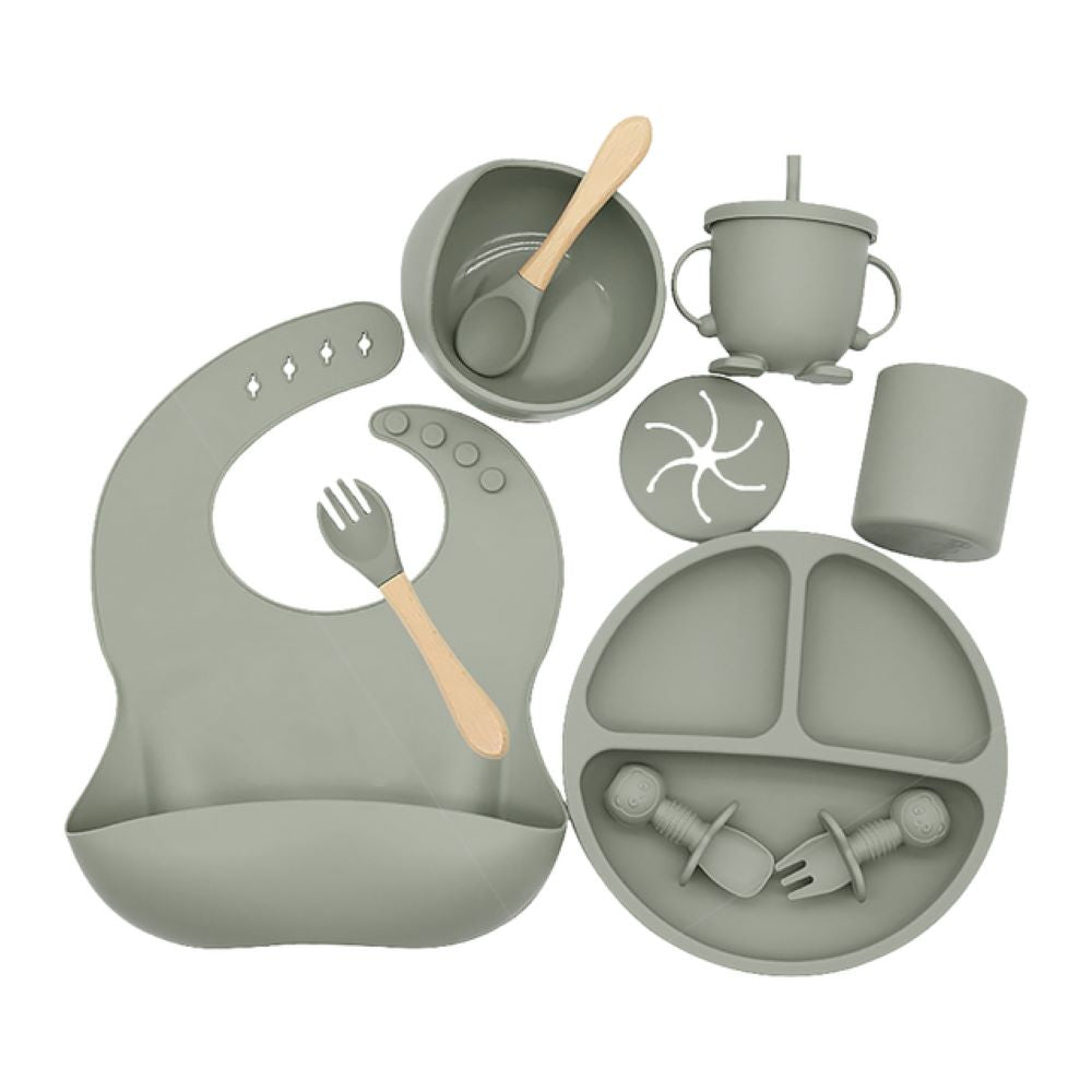 Complete weaning set: silicone plate, bowl, bib & utensils to support baby-led weaning & independent self-feeding.