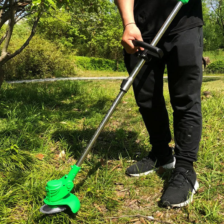 Portable electric weed eater, a cordless solution for easy garden grass trimming & lawn edges.