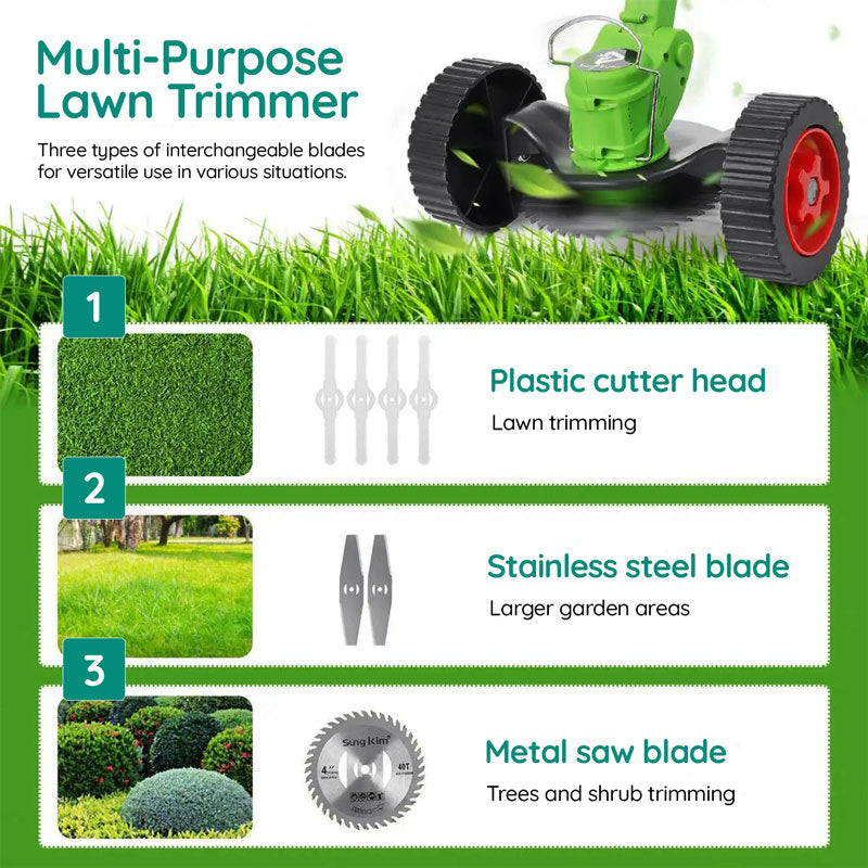 Cordless electric grass trimmer, an ideal lightweight yard tool for quick and easy lawn tidying.