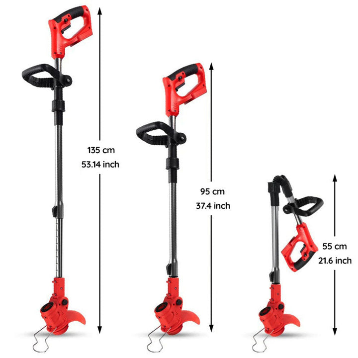 Garden cordless electric grass trimmer shown in action, effortlessly trimming grass edges.