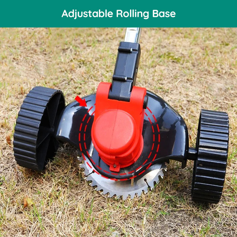 Close-up of lightweight cordless electric grass trimmer's adjustable handle & cutting head.