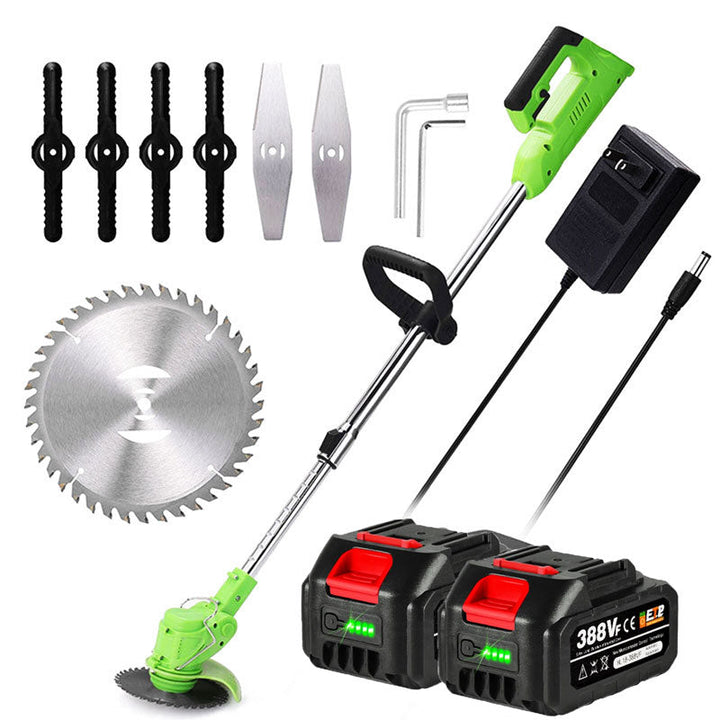 Garden cordless electric grass trimmer with powerful battery for extended weed eating sessions.