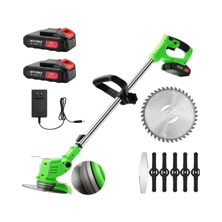Cordless grass trimmer with adjustable head for precise lawn edging. Rechargeable electric garden tool for neat landscaping.