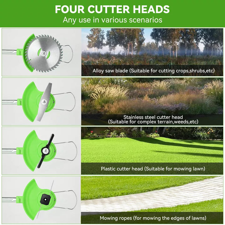 Powerful cordless grass cutter with durable blades, designed for efficient trimming & professional-looking lawn care.