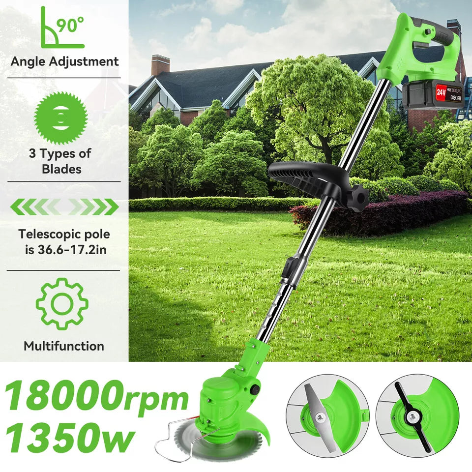 Versatile cordless electric trimmer with adjustable shaft & head, ideal for various grass cutting tasks in your garden.
