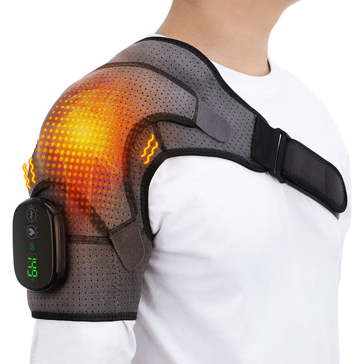 Cordless shoulder heat & vibration therapy belt for muscle pain relief. Rechargeable & portable grey design.