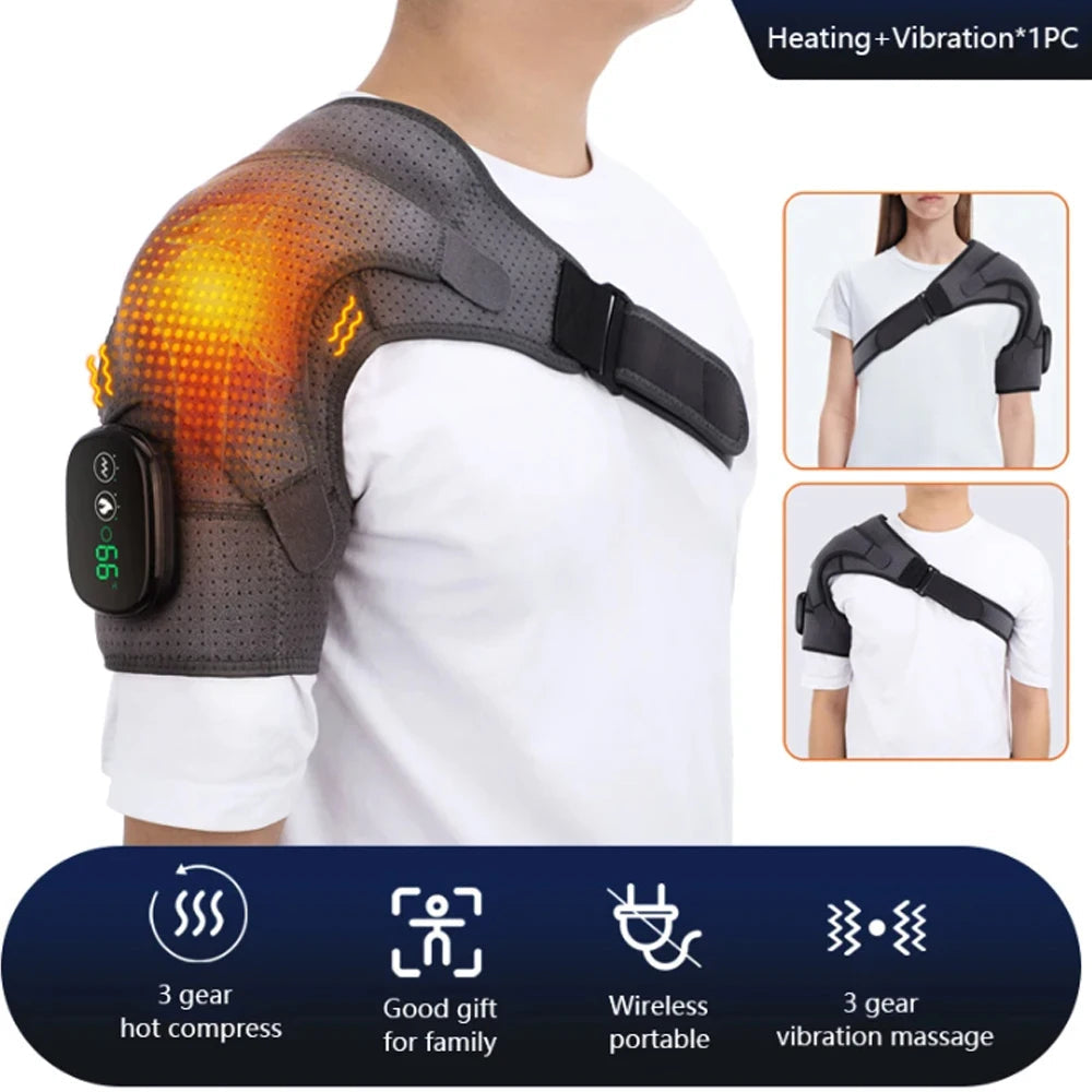 Unisex cordless shoulder therapy belt provides soothing heat & vibration for muscle relief and pain.