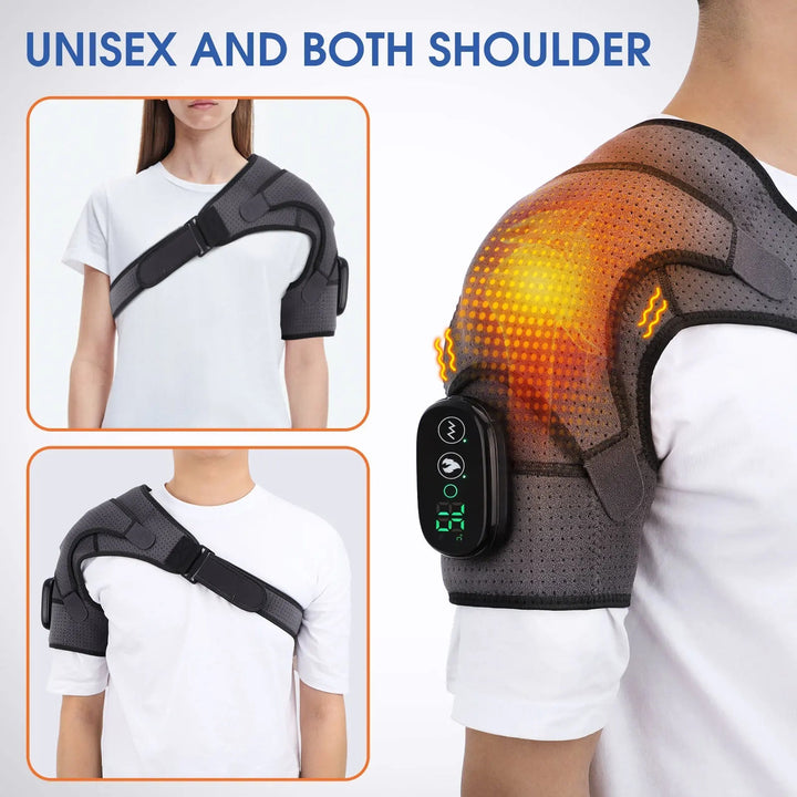 Portable grey cordless shoulder heat therapy belt with vibration massage for on-the-go muscle & pain relief.