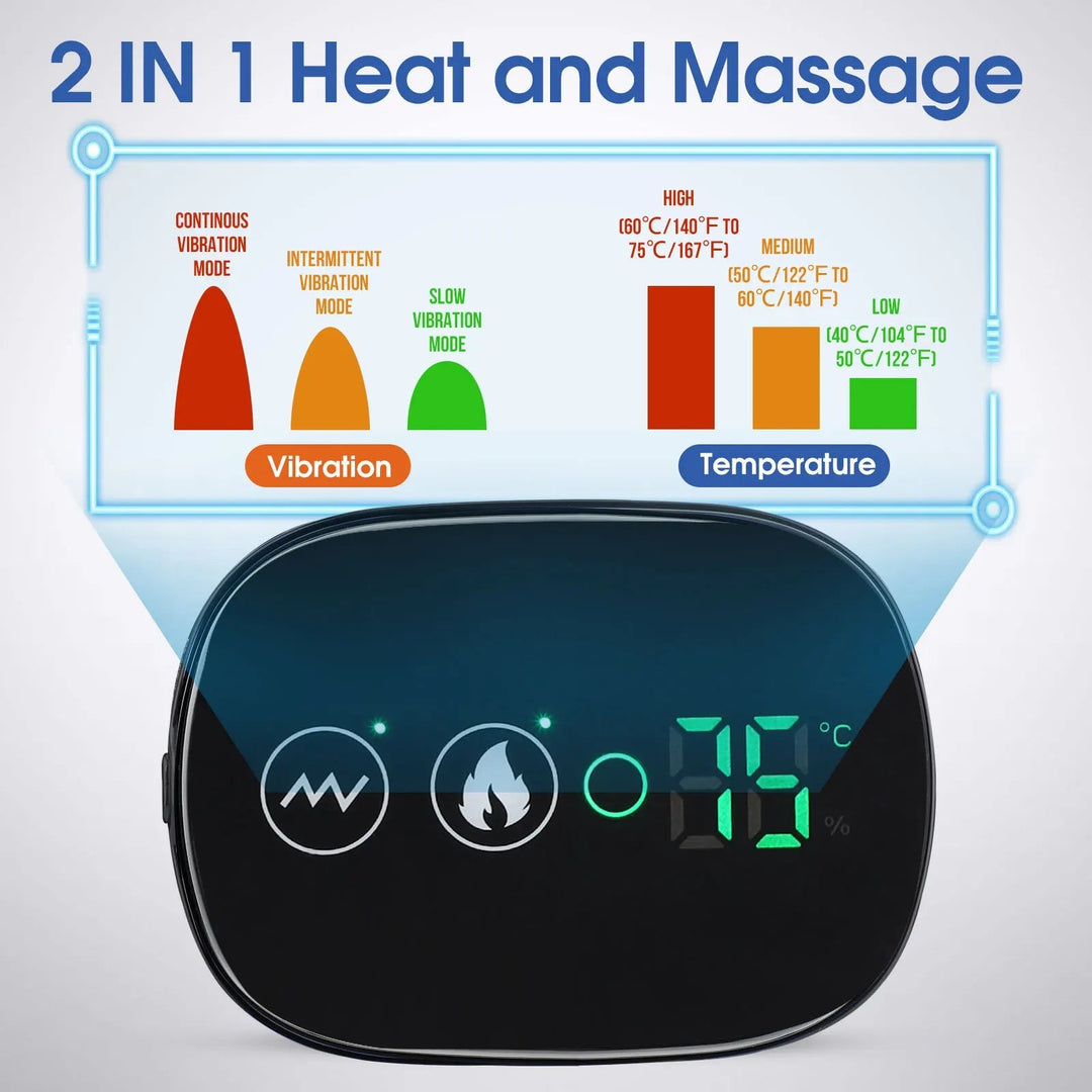 Rechargeable cordless shoulder heat & vibration therapy belt for effective muscle pain relief. Adjustable fit.