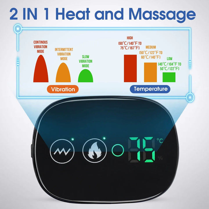 Rechargeable cordless shoulder heat & vibration therapy belt for effective muscle pain relief. Adjustable fit.
