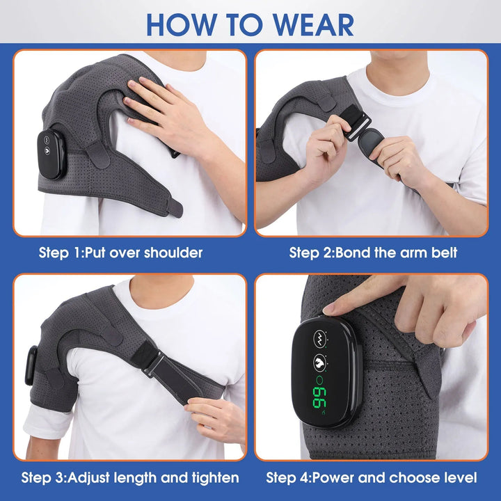 Cordless shoulder therapy belt delivers targeted heat & vibration for muscle pain, tension relief, & circulation.