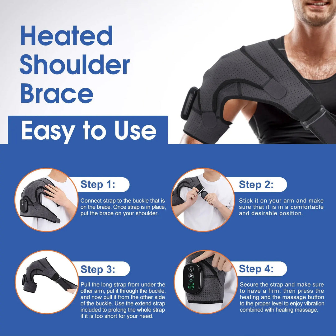Adjustable, cordless shoulder heat & vibration therapy belt for easy, portable muscle relief. Unisex grey design.