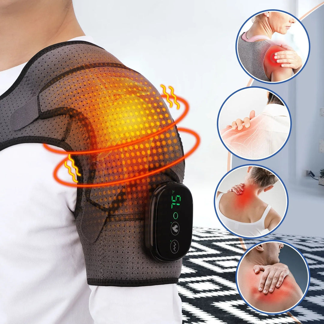 Unisex grey shoulder belt with cordless heat & vibration for neck & shoulder muscle therapy and pain management.