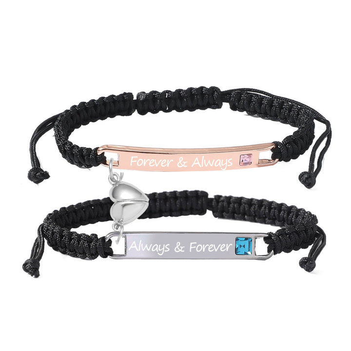 Black & white magnetic heart bracelets for couples. Personalized love connection jewelry, a thoughtful custom anniversary gift.