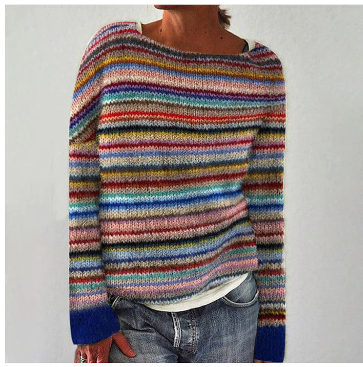 Cozy blue knit women's sweater, long sleeve for winter fashion. Stylish & comfortable everyday casual wear.