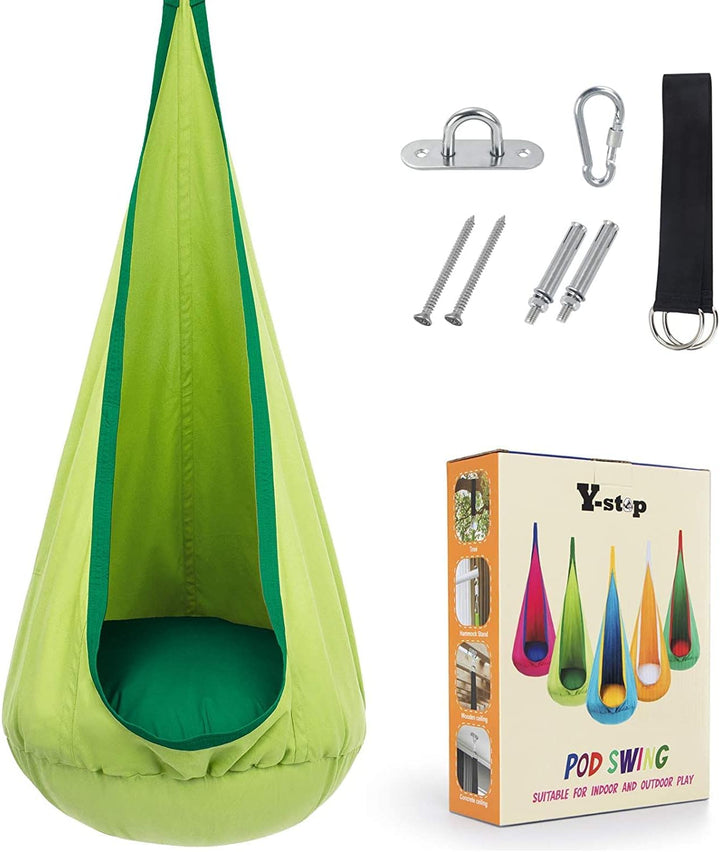 Stylish kids' swing, enhances playroom or outdoor space decor with comfort.
