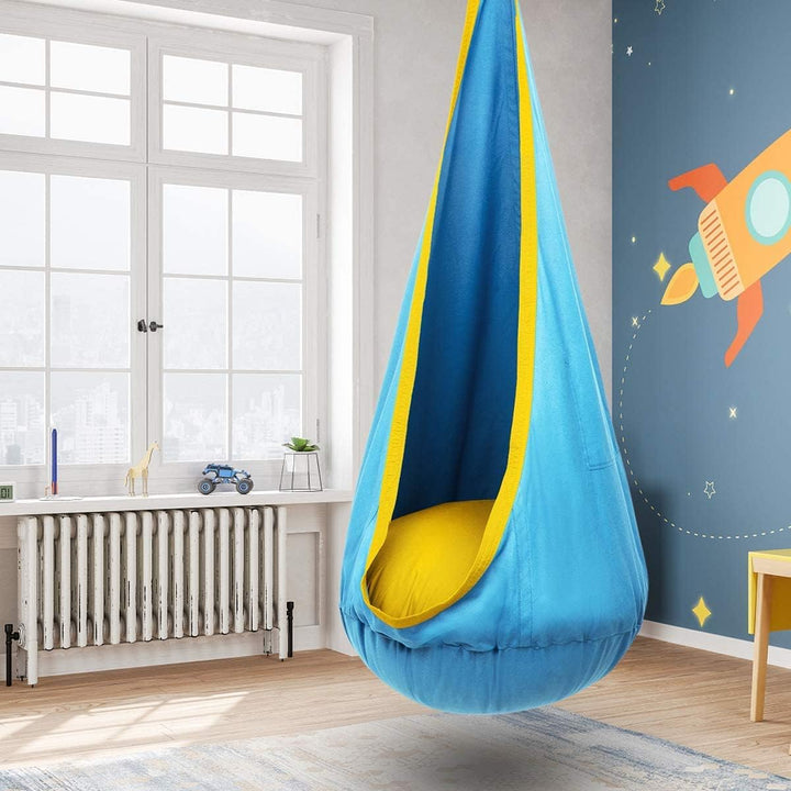 Soft cotton canvas hanging chair, indoor/outdoor kids fun, cozy design.