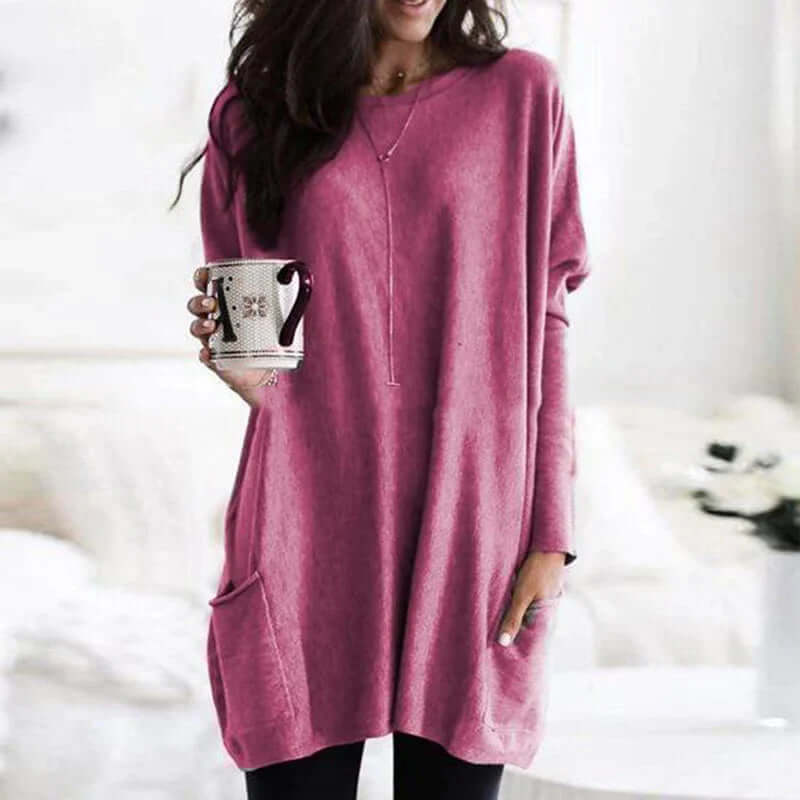 Women's long sleeve oversized tunic sweater, ideal for fall fashion, winter warmth & casual wear.