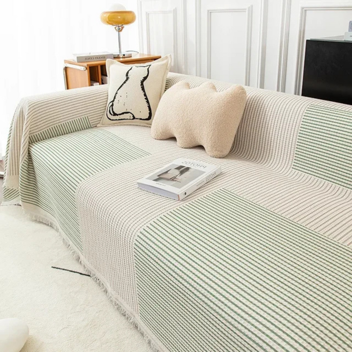 Cozy Scandinavian tassel throw blanket for sofa, enhancing living room decor with Nordic style.